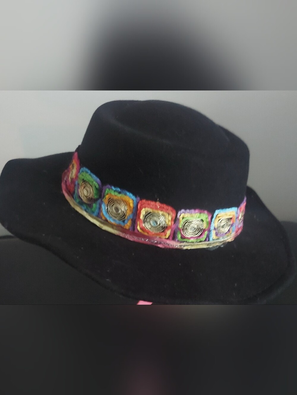 Black Wide-Brim Fedora with Multicolor Embellished Band